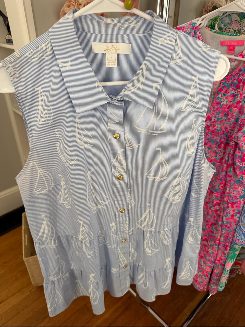 Lilly Pulitzer Blue and White Striped Sailboat Button-Up Tank